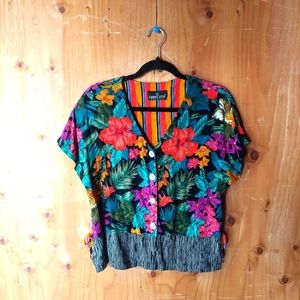 Carole Little Petites Vintage Multicolor Floral Patterned Button Down Top